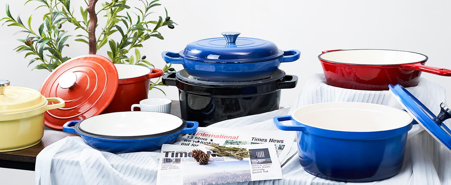 Kerilyn 3 Quart Enameled Shallow Cast Iron Dutch Oven with Lid, Dual Handles Dutch Pots for Cooking, Stewing, Heavy-Duty & Nonstick, Oven Safe up to 500° F, Works on All Stovetops, Dark Blue   dutch enamel stock