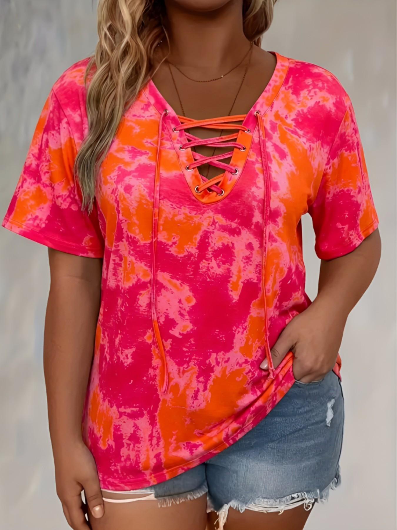 Plus Size Women's Tie Dye Print Front-Tie Adjustable Top, Casual Stretch Beachy Tee with Comfortable Fabric, Ideal for Daily Wear and Gifting