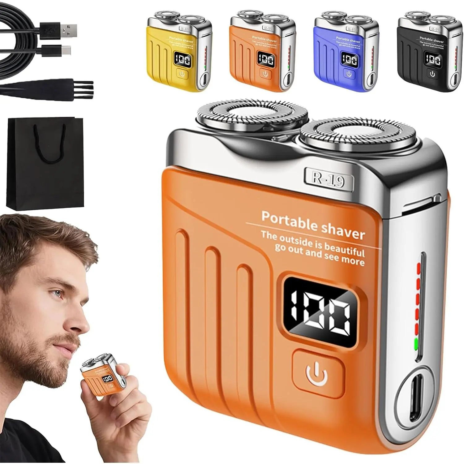 Portable Rotary Dual Blade Electric Shaver for Men - USB Rechargeable, Easy Mag Clean, Less Friction Pass, Beard/Chest/Underarm Grooming, Magnetic Washable Mini Luggage Shaver, Ideal for Daily Grooming & Travel (Orange), Compact Body