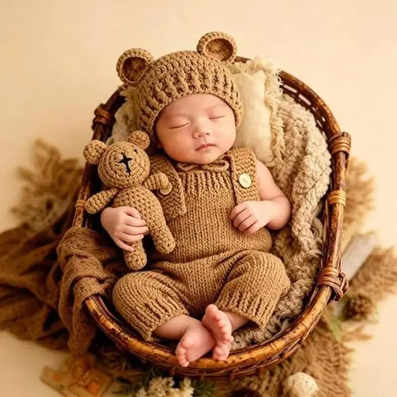 Newborn Photography Outfits for Boys Girls, 3PCS Hand Knitted Cute Baby Bear Romper Set, Newborn Photo Props, Gift Sets, Cozy, Animals