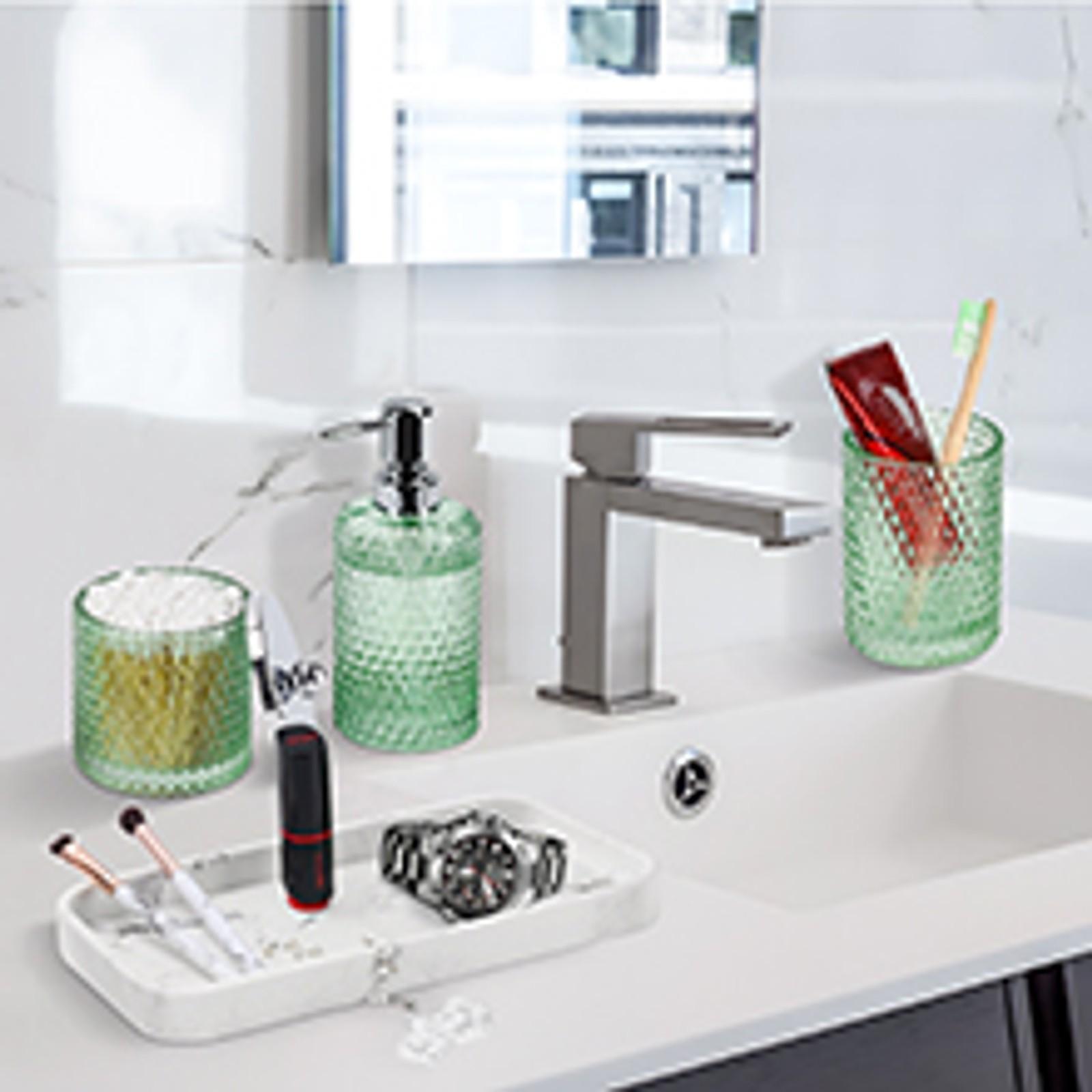 Bathroom Accessory Set,4 Pcs Clear Glass Bathroom Accessories Set-Lotion Soap Dispenser,Toothbrush Holder,Qtip Holder Dispenser & Resin Vanity Tray,Countertop Vanity Organizer,Crystal Clear