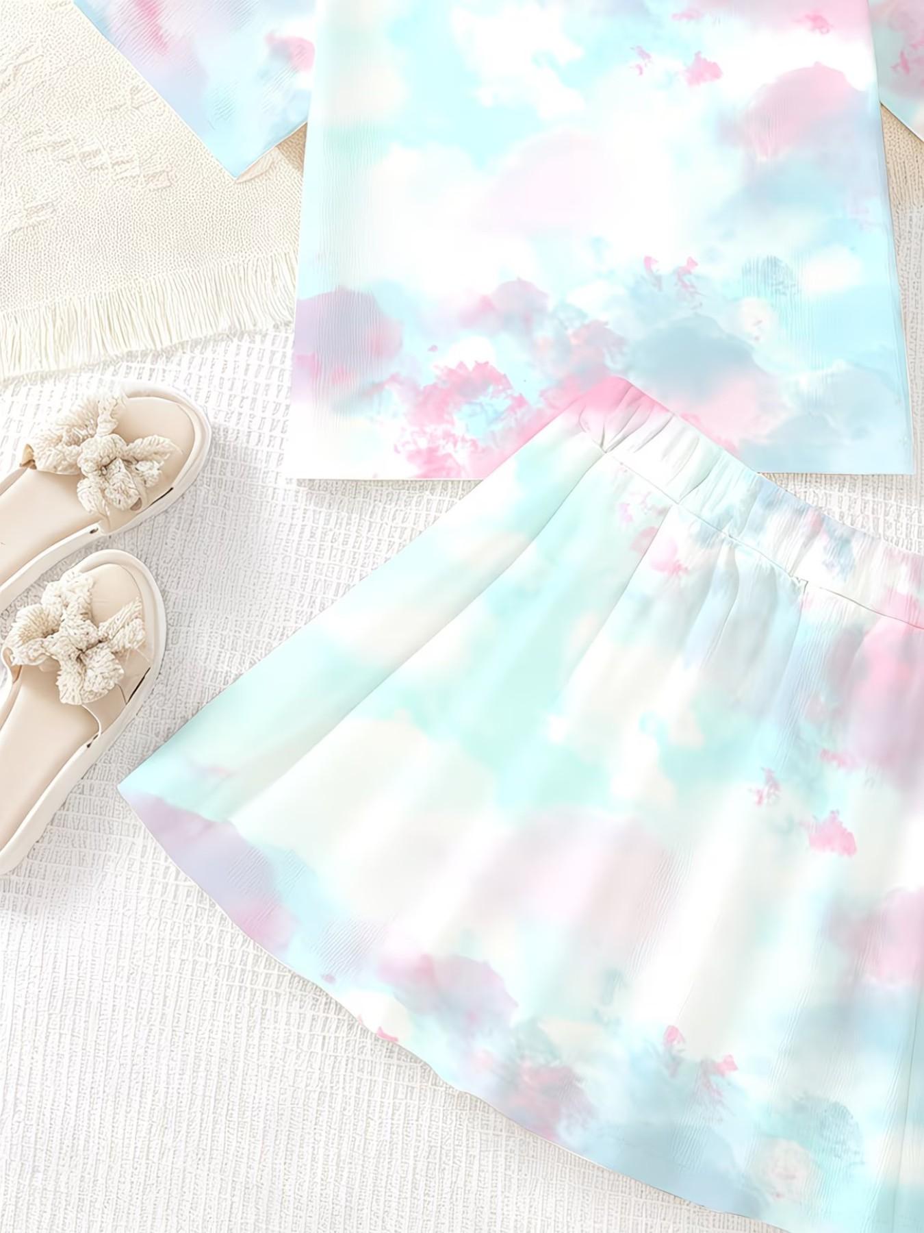 Girls' 3D Heart Rainbow Print Top and Skirt Set, Casual Slim-Fitting Summer, Round Neck Short Sleeve, Daily Wear