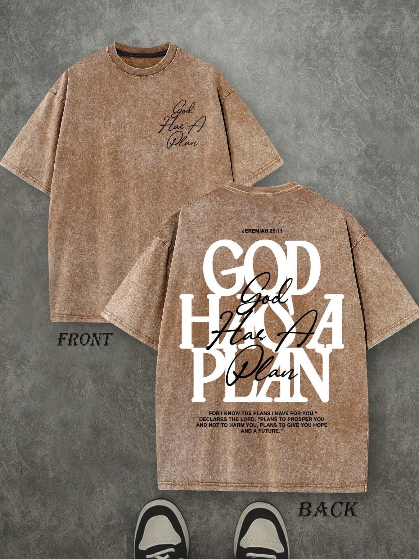 Men's Vintage Washed T-Shirt, Dual-Sided Print, 230 Pure Cotton Material, God Has His Own Plan Letter Print, Casual Street Style