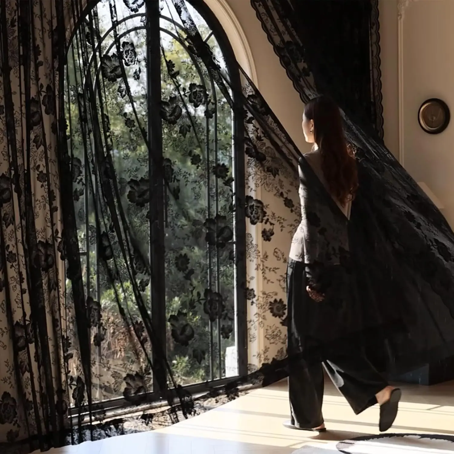 Black Lace Curtains 84 Inch Long Vintage Floral Sheer Drapes| for Living Room & Bedroom - Gothic Style Decor Light Filtering Scalloped Edges Curtains with Rod Pocket - 2 Panels, 55 x 84