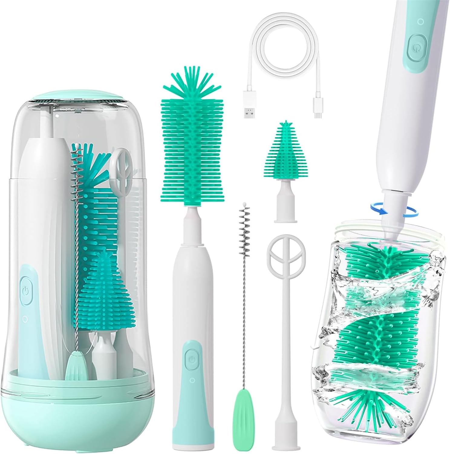 Electric Bottle Cleaning Brush, Baby Bottle Brush Cleaner, Water Bottle Cleaning Kit, Nipple Brush,Straw Cleaner Brush, 360° Rotation, Silicone Material, Waterproof,6 Packs Set for Newborns