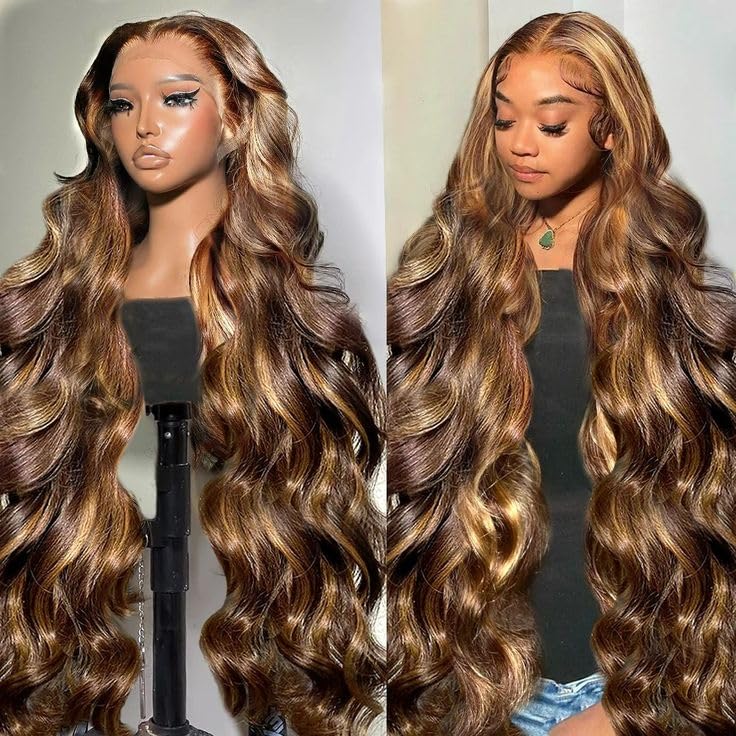 Highlight 13x4 HD Body Wave Lace Front Wigs Human Hair Honey Blonde Ombre 4/27 Lace Front Wig Human Hair Pre Plucked 180% Density Frontal Wigs for Women