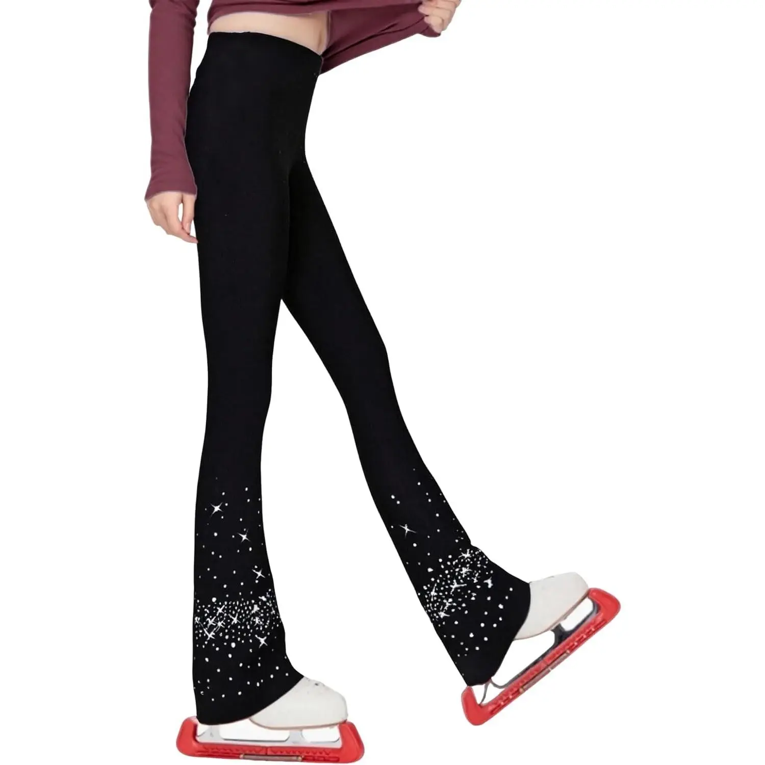 Girls Ice Skating Pants Women Black Rhinestones Training Practice Leggings Fleece Inside