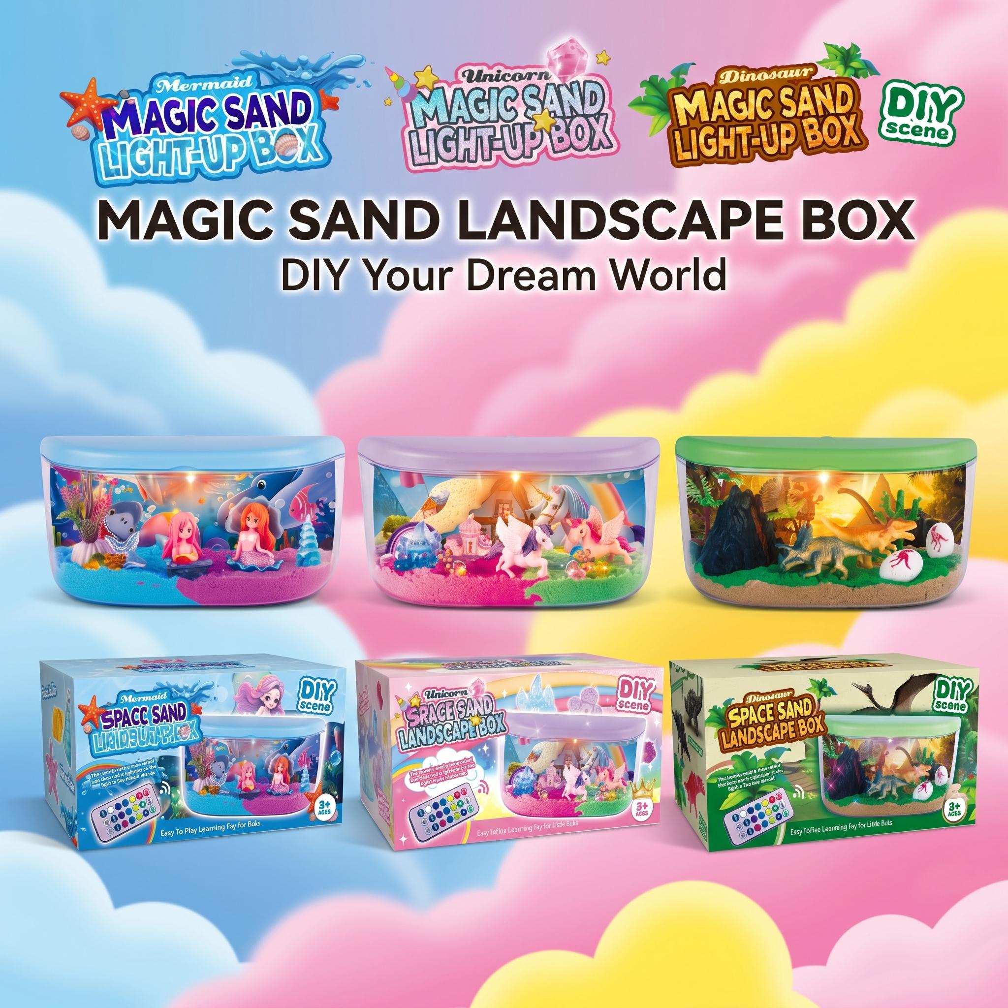 Landscaping DIY Sand Light-Up Scene Kit,Remote LED Night Light,No-Mess Safe Sand,Educational Creative Craft,Mermaid Unicorn Dinosaur Scene,Birthday Christmas Toy Gift For Girls Boys,Sand Tray