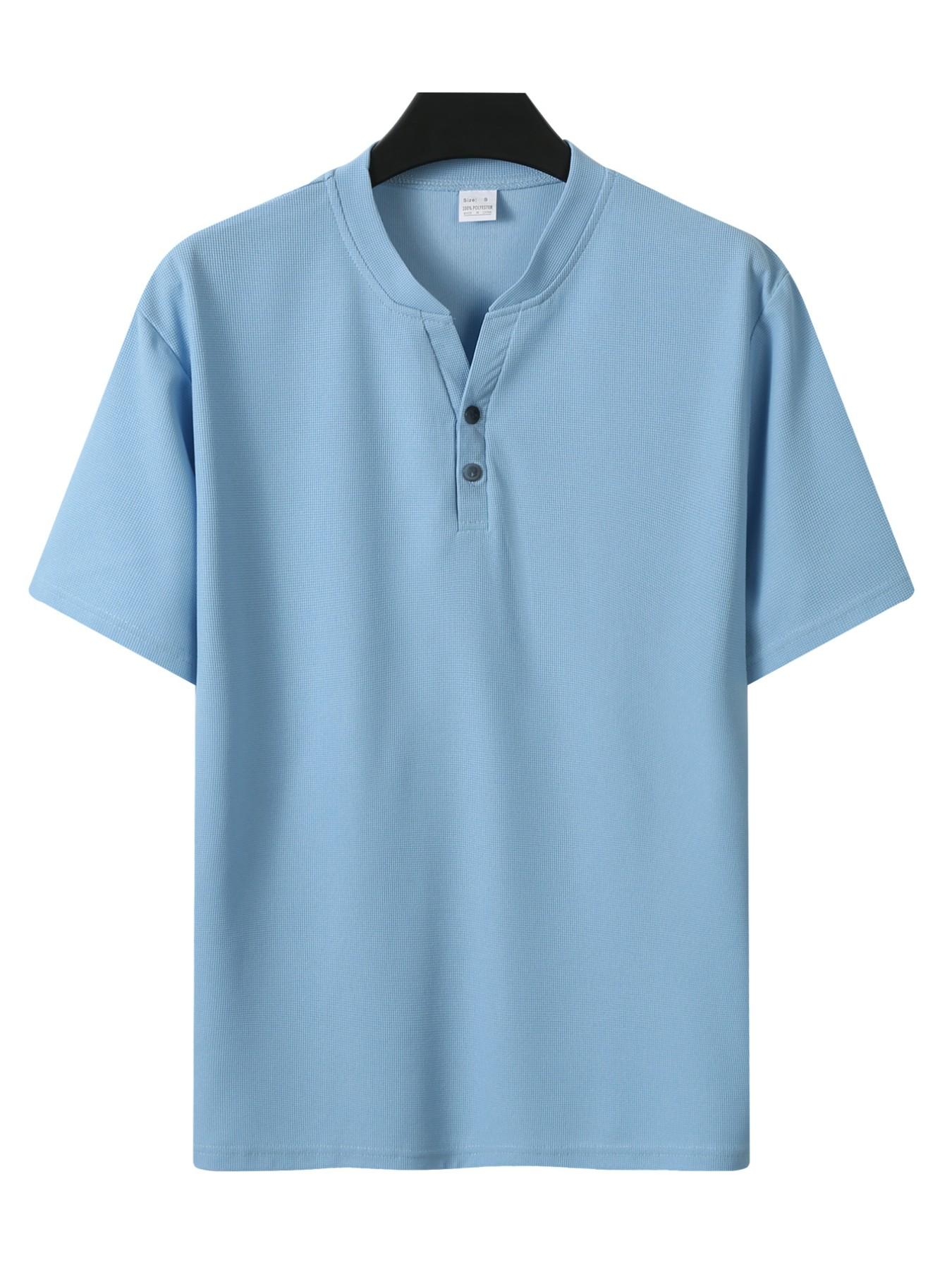 Men's Plaid Knit V-Neck Short Sleeve Top, Casual Button Summer Daily Wear T-Shirt, Comfortable and Stylish Men's Clothing