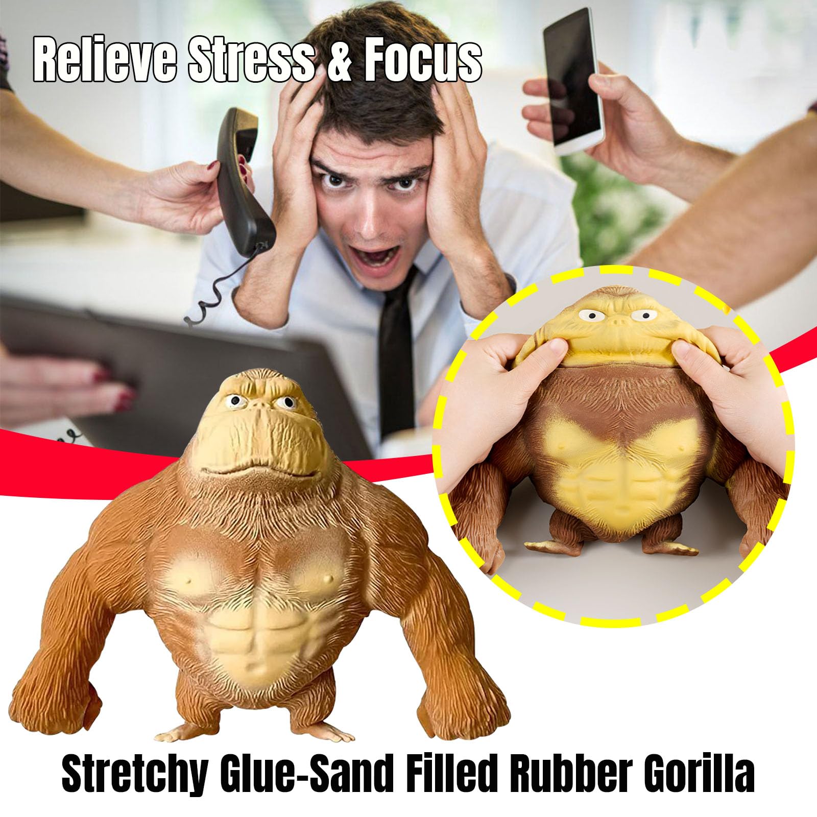 Stretchable, Sand-Filled Rubber Gorilla — A Squeezable Sensory Toy for Anxiety Relief. Soft Latex Stress-Relief Doll, featuring a Squishy Monkey Design with High Elasticity—A Stress-Relieving Toy for Both Adults and Children.