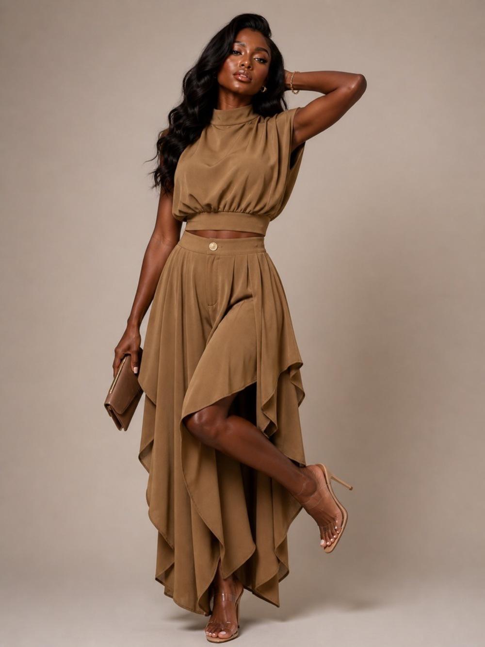 Women's 2-Piece Loose French Minimalist Summer Clothing Set - High-Neck Sleeveless Crop Top, Asymmetric Ruffled Wide-Leg Polyester Blend Pants, Oversized, Basic