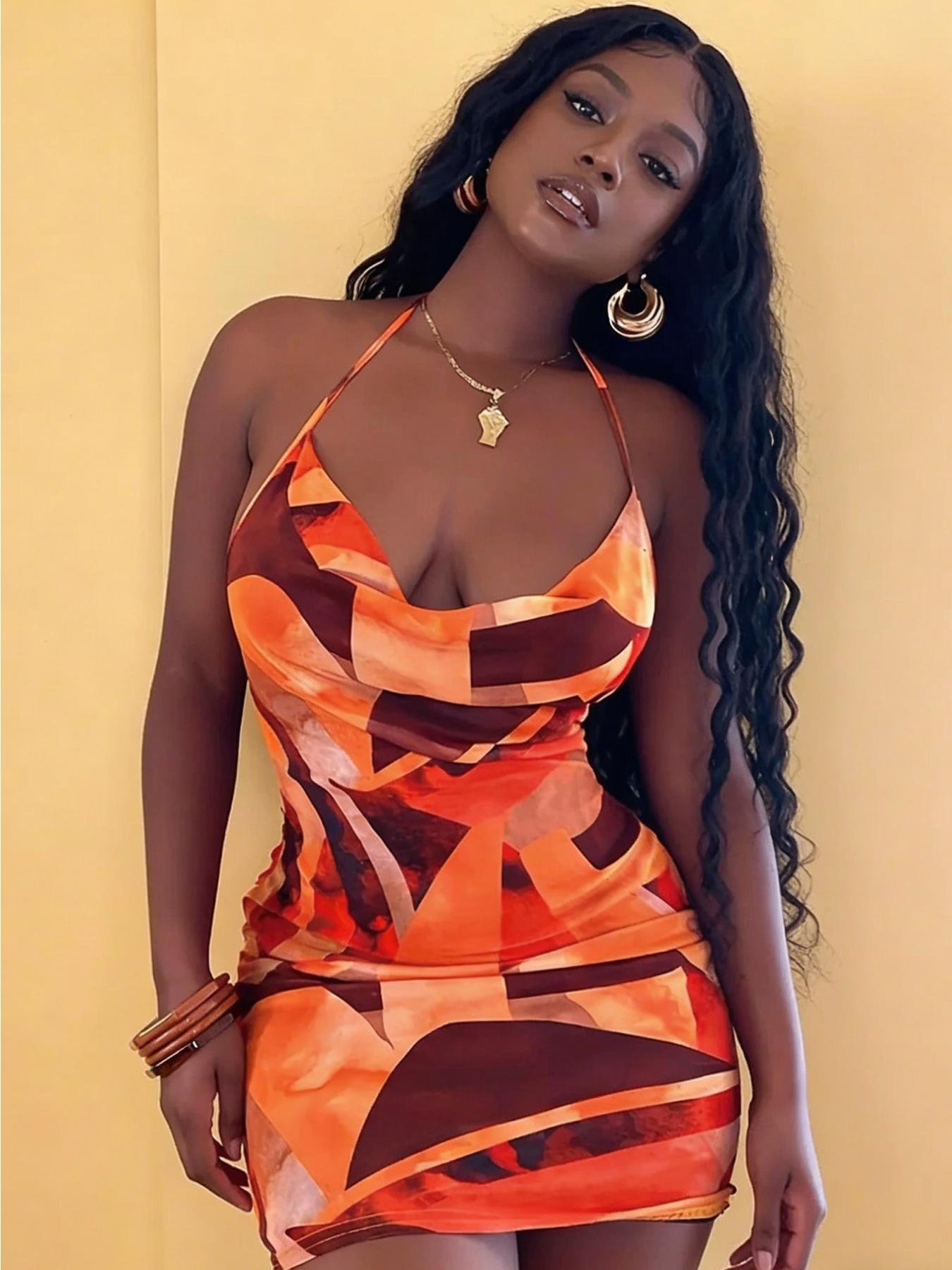 A set of women's casual contrasting printed neck hanging dress with a spicy girl style deep V slim fit hip hugging short skirt for vacation and dating, suitable for summer, suitable for home, indoor, and outdoor wear