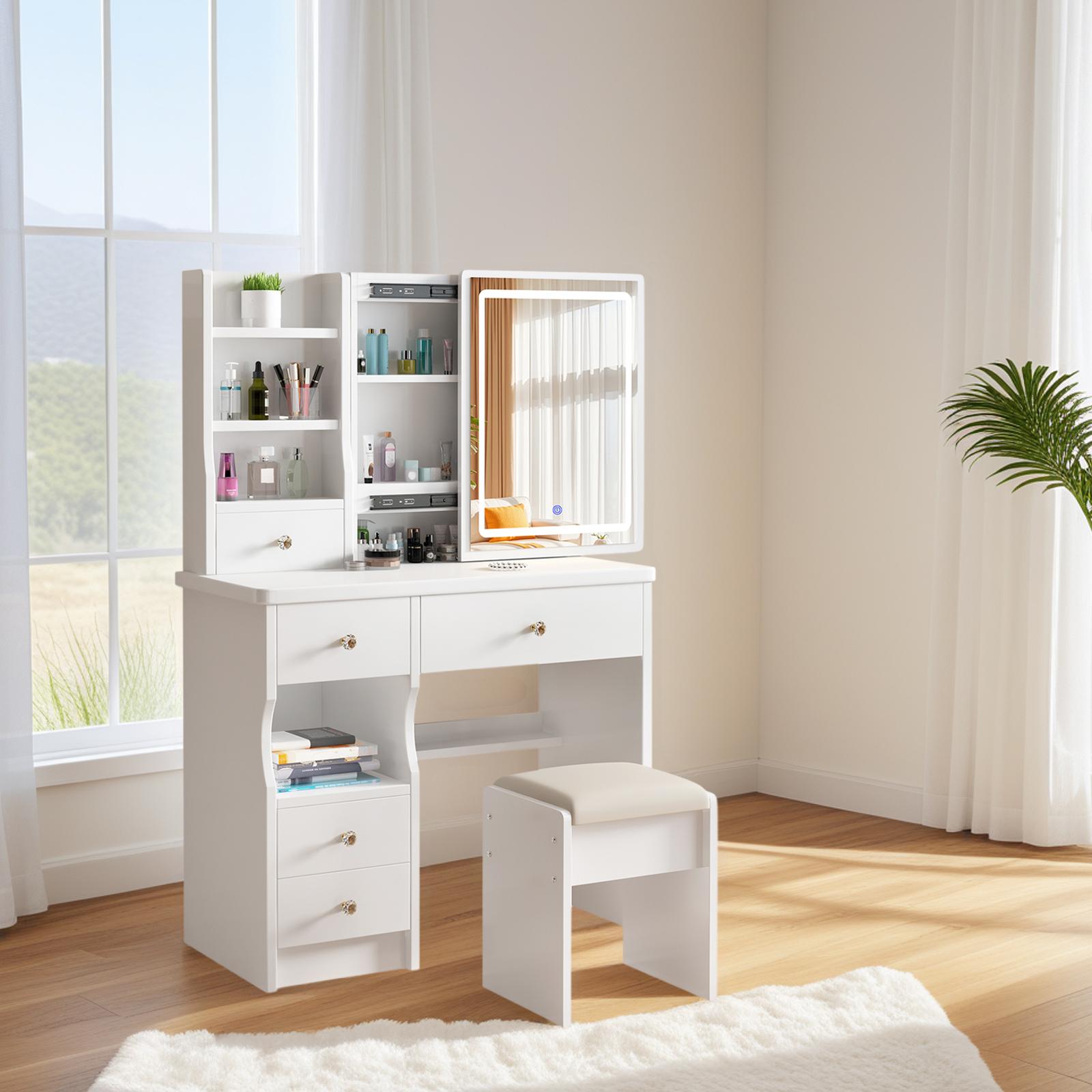Makeup Vanity with Mirror and Lights, Vanity Desk Set with 3 Color Lighting Modes, 5 Drawers, Stool & Open Shelves, White