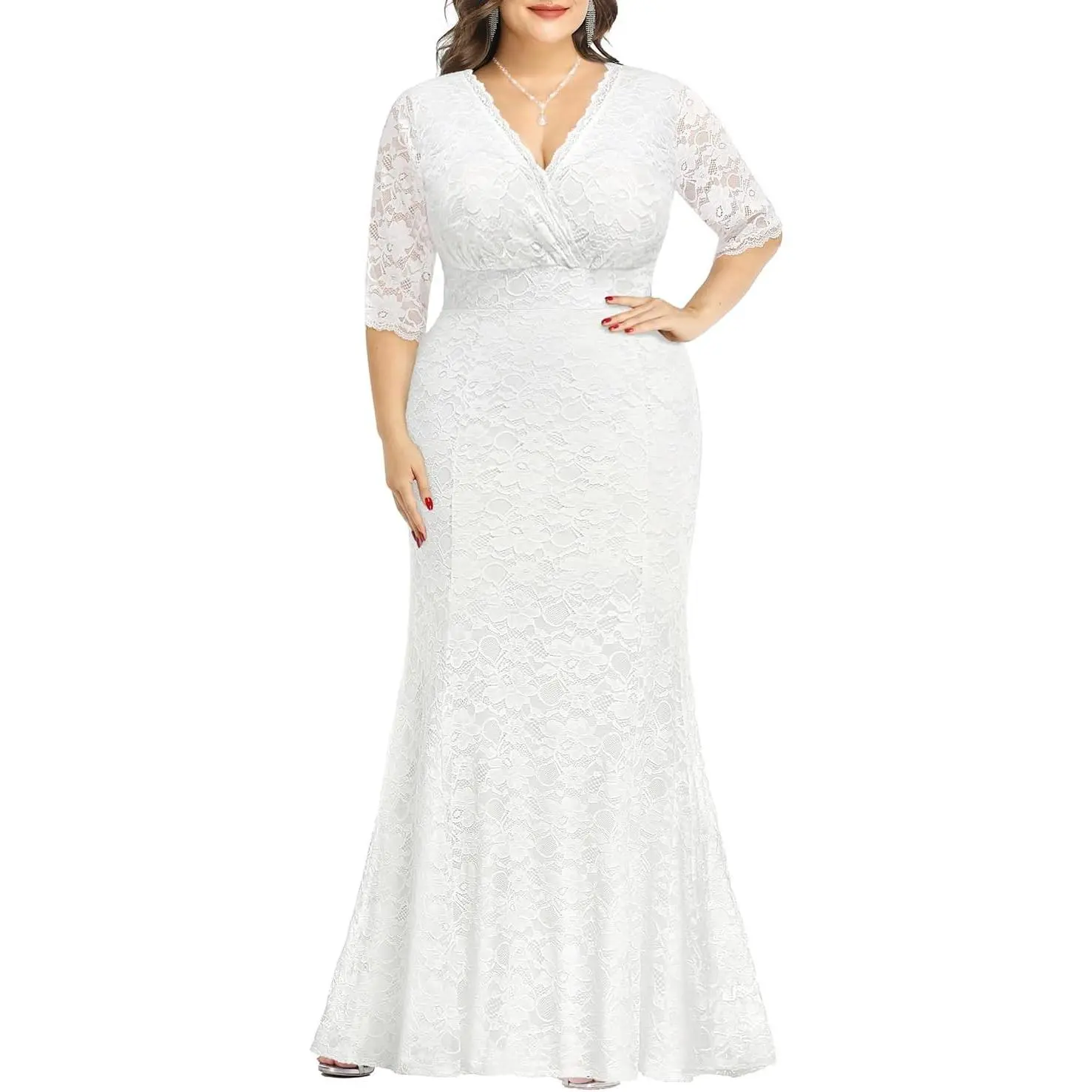 Wedding Dresses for Bride Plus Size - Mermaid Formal Evening Gown Wrap Neck Lace Dress Floral lace, wrap v-neck, 3/4 sleeves, empire waist, mermaid floor length, side zipper, gala, prom, mother of bride/groom