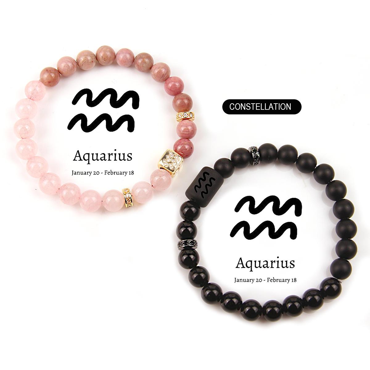 Constellation Design Couple Bracelets Crystal Bead Rose Quartz Rhodonite Black Obsidian Black Onyx Handmade Beaded Zodiac Bracelet Jewelry Gifts for Women Men