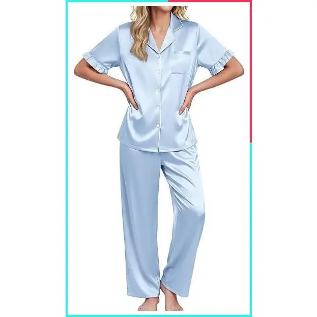Silk Satin Pajamas for Women 2 Piece Set Short Sleeve Button Up Pjs with Two Side Pockets, Soft Bridesmaid Lounge Set, Bridal Ruffle Sleepwear, Wedding Party, Honeymoon Vacation, Postpartum