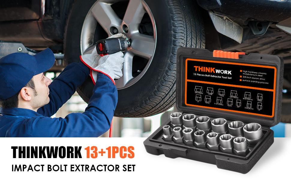 【FathersDayGift】 THINKWORK Bolt Extractor Tool Set, 13+1 Counts Impact & Nut Remover Stripped Lug Remover, Drive Rounded Bolt Remover for Removing Damaged, Frozen Universal Impact impact bolt Socket Wrench Set