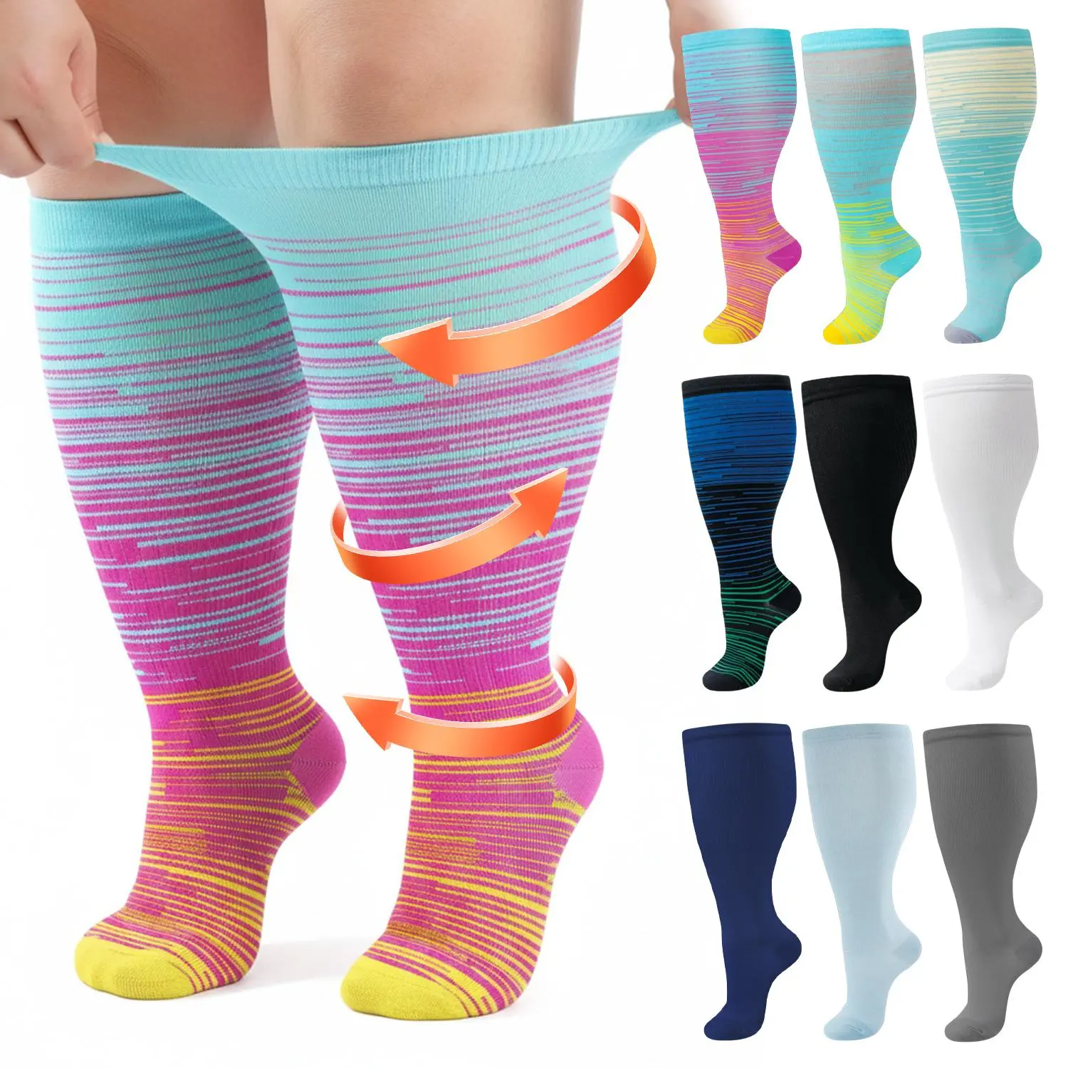 3Pairs Plus Size Compression Socks for Men & Women, Wide Calf Knee Highs with Graduated Support, Wide Calf Compression Socks for Nurses, Running, Pregnancy