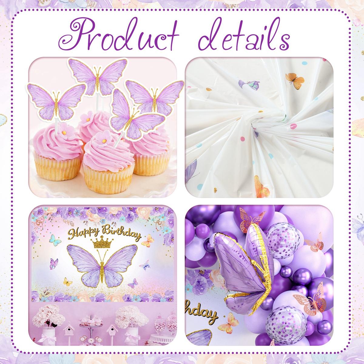 Butterfly Pink/PurpleBalloon Tablecloth Backdrop Set,94pcs Pink Butterfly Latex Balloon Girls Birthday Party Decoration,Happy Butterfly Birthday Balloon Decor