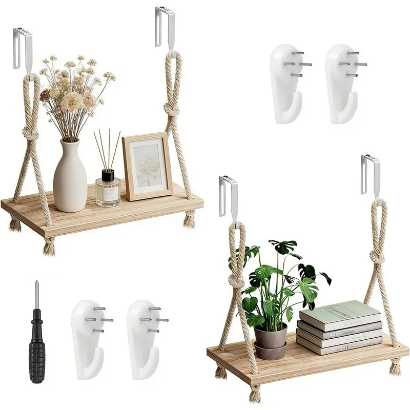 2 Pack Fabric Wall Cubicle Shelf, 11.8" Wooden Hanging Cubicle Shelf Organizer with Hooks, Dual Mounting Options, Cotton Rope Storage Shelf, No-Drill Boho Style for Office Cubicles & Desk Decor