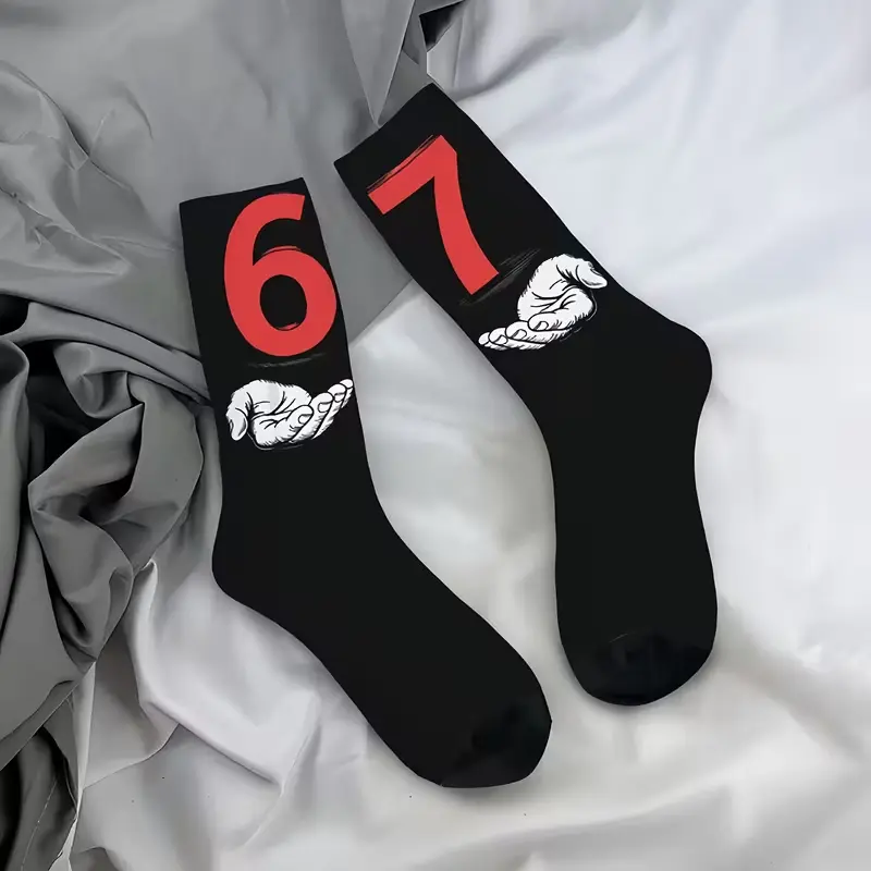 Men's 67 Graphic Crew Socks - Spandex-Polyester Fabric, Cool Number Design, Trendy Streetwear Novelty, Soft Comfortable, Unisex Menswear Casual Wear Gift for Everyday Use