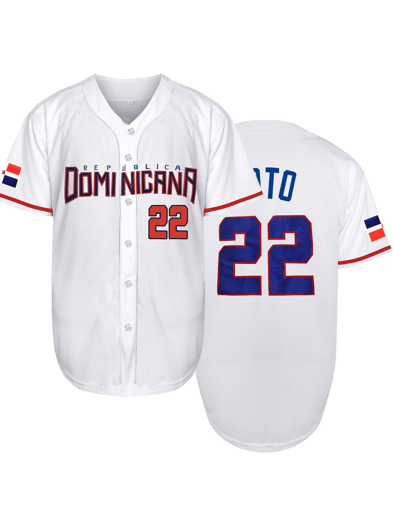 Men's Letter & Number Stitched Button Front Baseball Jersey, Stylish Jersey, Casual Loose Short Sleeve V Neck DOMINICANA 22 Baseball Top for Fall & Winter, Baseball Christmas Gifts