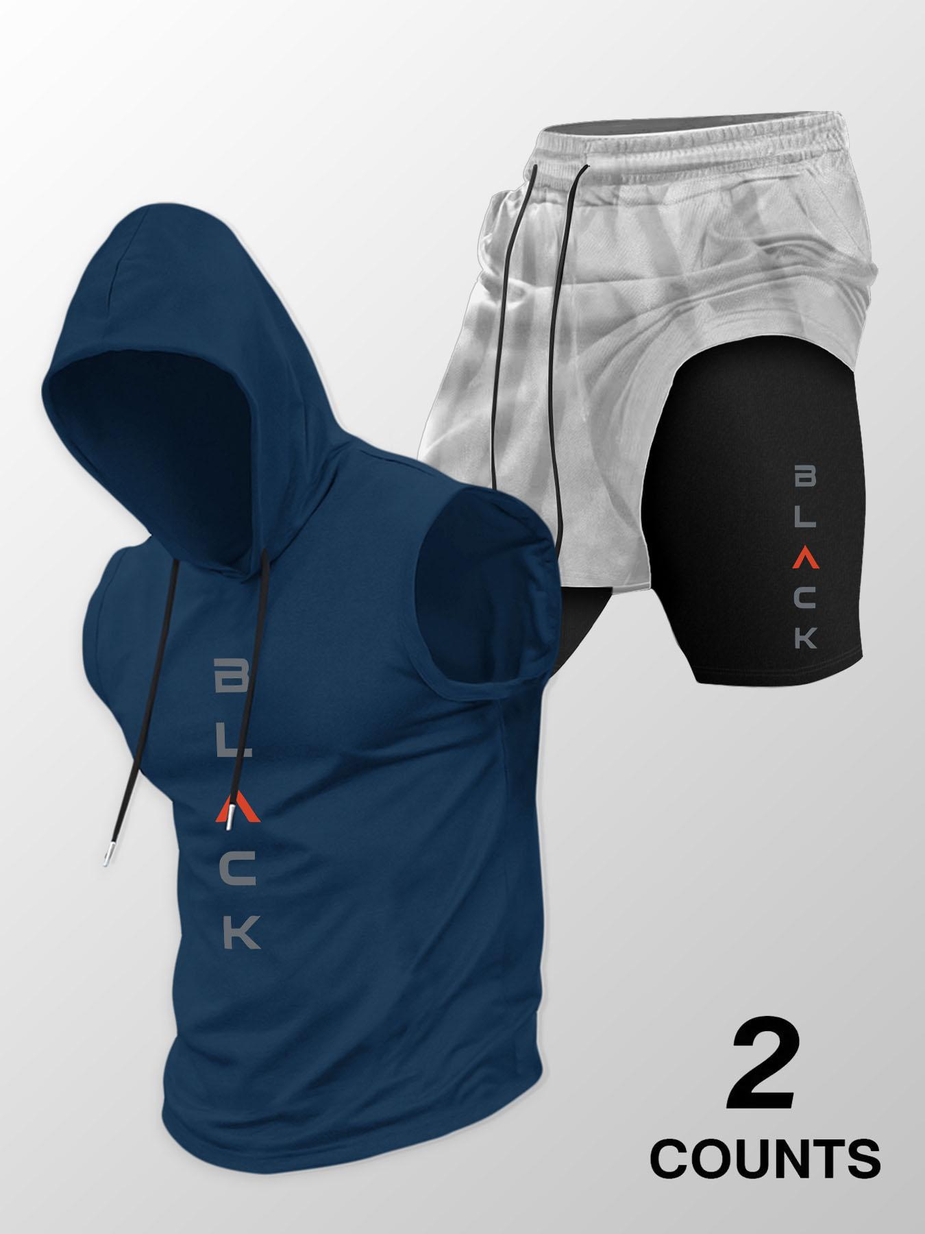 Two-Piece Set Men's Hooded Graphic Tank Top & Shorts Set, Regular Fit Casual Sleeveless Top & Shorts, Men's Clothing Set for Summer
