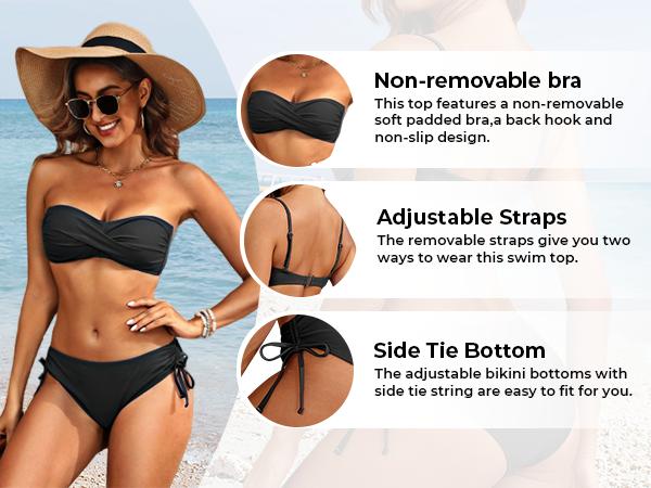 Tempt Me Women's Strapless Bandeau Bikini Set - Twist Front Two Piece Swimsuit Top with Side Tie Bathing Suit Bottom  SwimWeek  summervibes