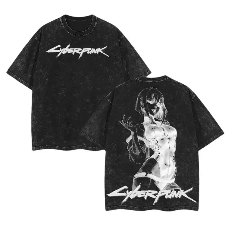 Cyberpunk Edgerunners Lucy Anime Graphic T-Shirt Vintage Washed Heavyweight Cotton Oversized Tee Men Women Streetwear Cyberpunk 2077 Merch Double Printed Retro Japanese Anime Clothing Gamer Gifts Y2K Aesthetic Fashion Casual Wear Top For Anime Fans Daily