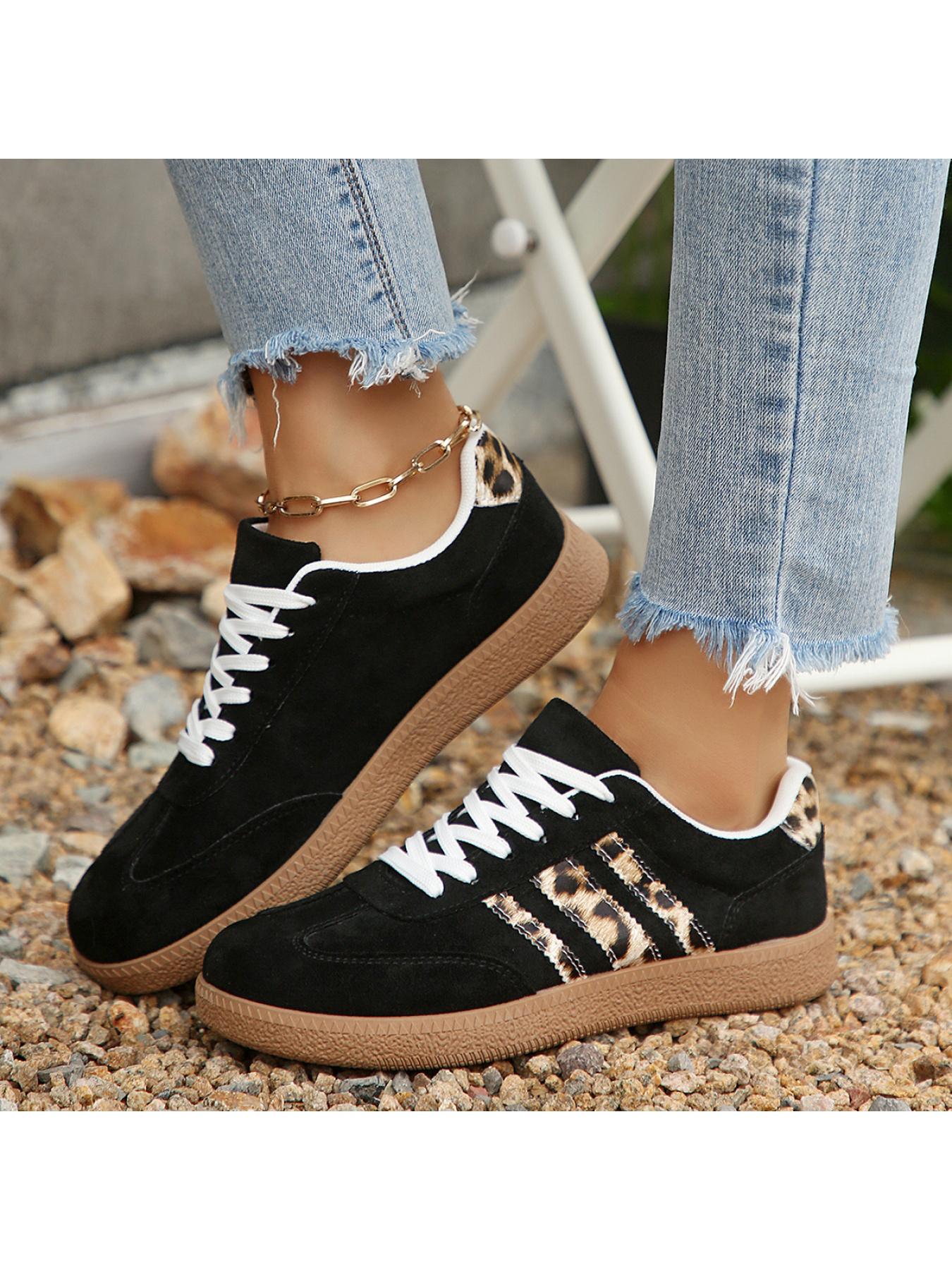Women's 2.5cm Platform Leopard Print Sneakers, Black/Beige, Retro 3-Stripe Casual Shoes
