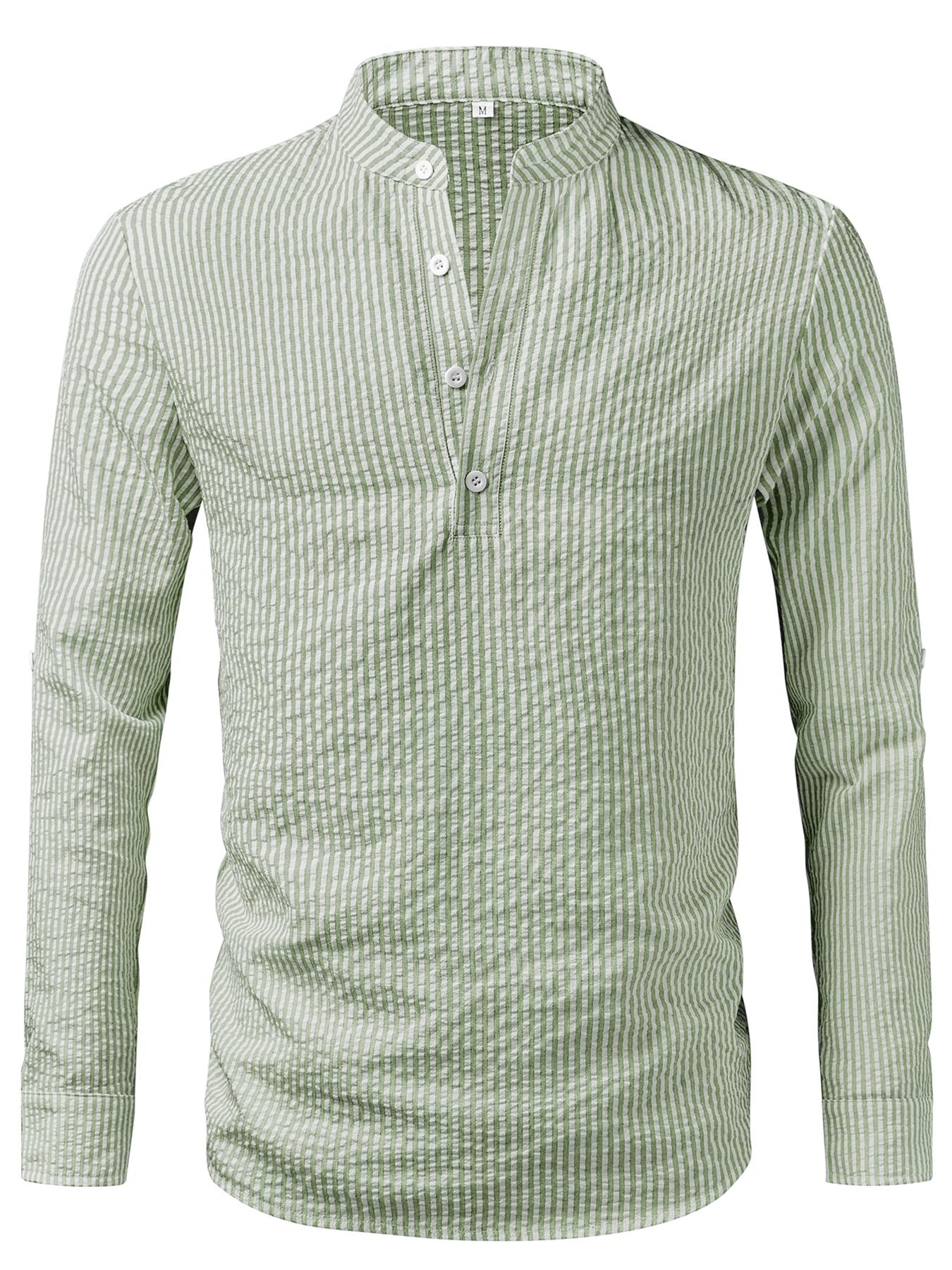 Men's Textured Random Print Blue Striped Open Collar Small Stand Collar Long Sleeve Casual Shirt Henry Style