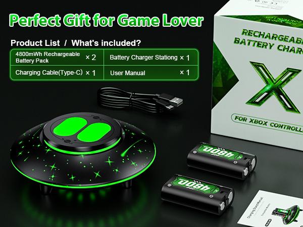 Galaxy 2×4800mWh Rechargeable Battery Pack for Xbox Controllers - High-Capacity, Long-Lasting, Fast Charging, Rechargeable Batteries with 6-LED Mode Charging Dock, Compatible with Xbox One, One Elite, One S/X and Series S/X, Console, Smartphone