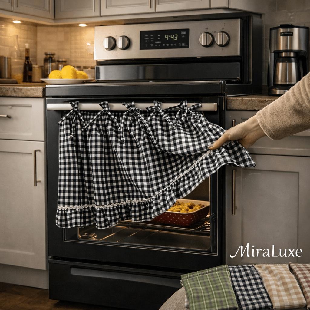 Farmhouse Style Oven Skirt Curtain, Grid Design with Ruffle Edge Strap Cabinet Cover - Suitable for Rural Kitchen Decoration, Oven Stove Cover Curtain, Cabinet Cover Panel, Home Kitchen Rural Style Apron, Durable Cover