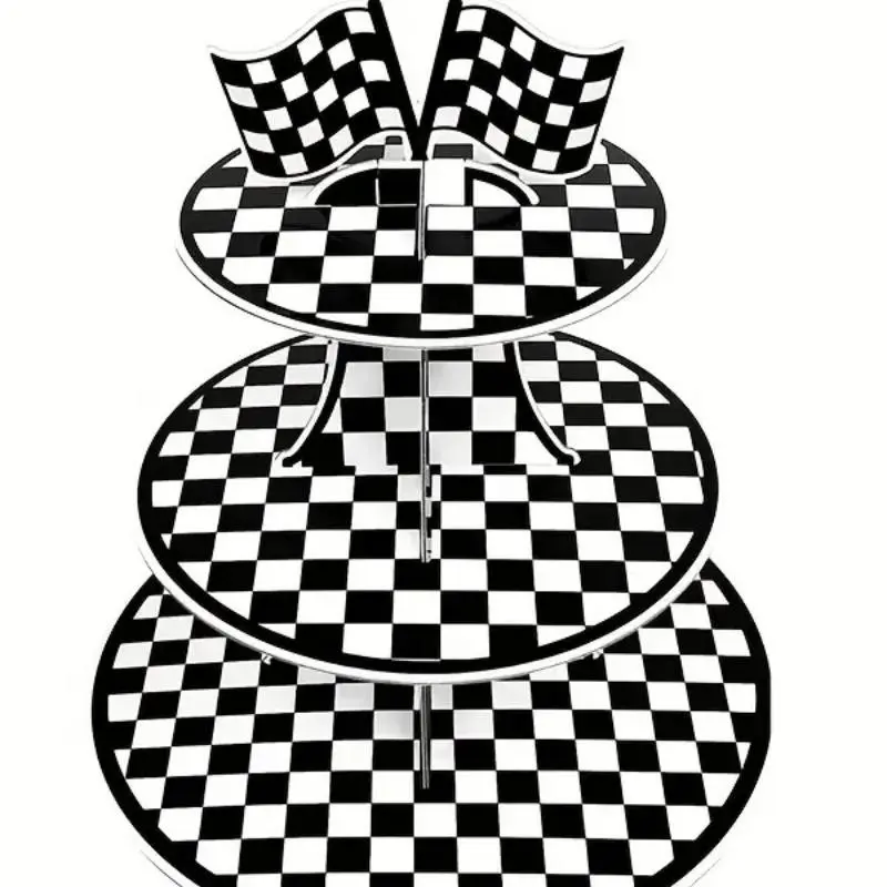 3-Layer Racing Checkered Paper Cupcake Stand, and Grid Dessert Rack, Foldable Cake Tower, Racing Theme Birthday Party Decor