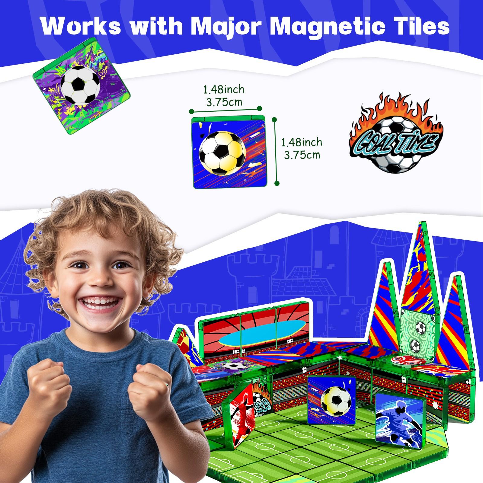 Magnetic Tiles Set 52/60 Mini Pcs | Soccer Theme, Strong Grip, Impact/Crack Resistant, Light-Through | Field: Logic, Spatial, Hand-Eye, Teamwork | Eco ABS Rounded, Choking-Safe | Birthday Gift Ages 3-6 Boys Girls