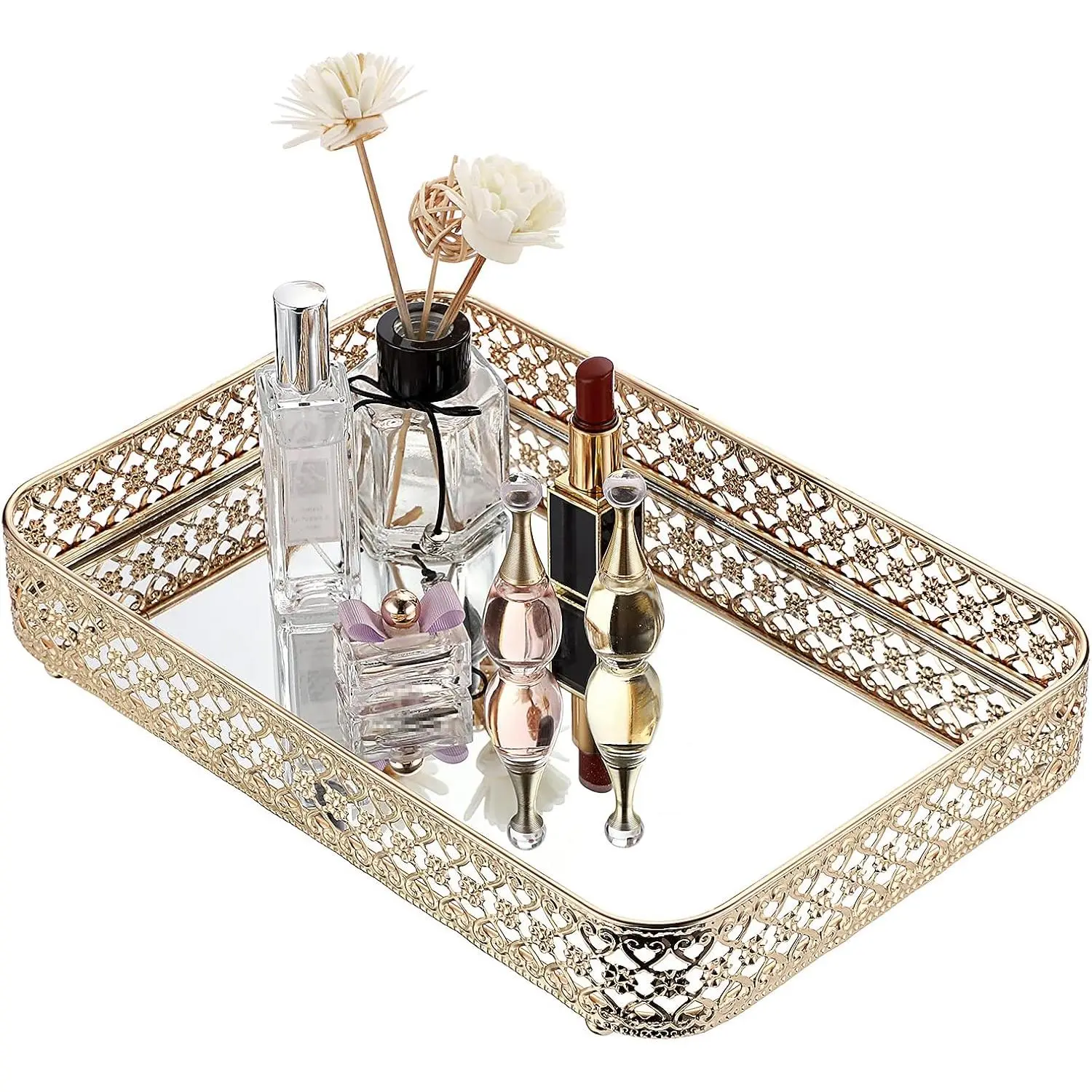 Luxury Look Gold Glass Mirror Perfume Tray - Medium Size, Home Organizer for Vanity Use, Ideal Gift