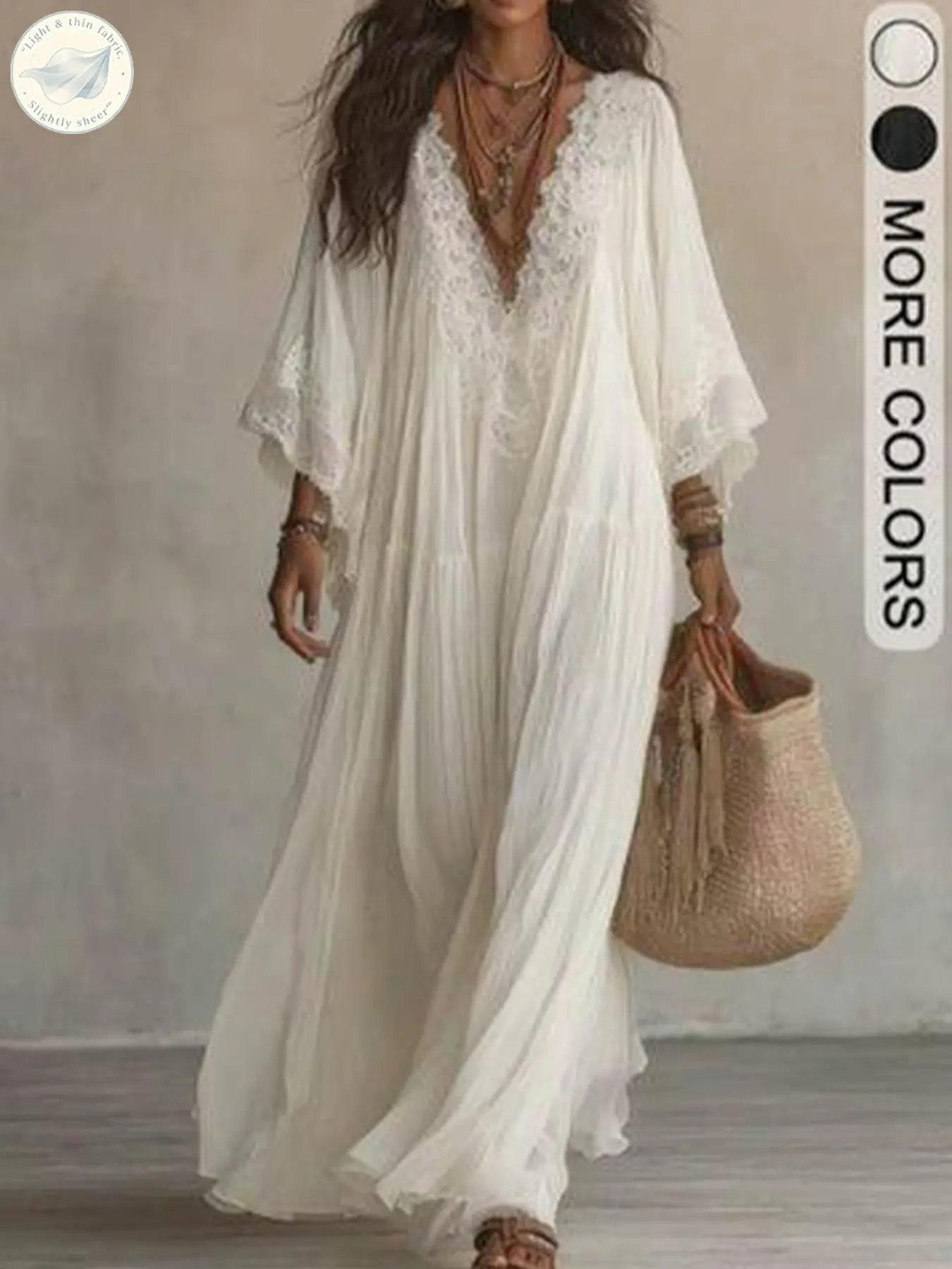 Women's Boho V-Neck Long Dress, Lace Trim Flowy Chiffon Beach Cover-Up, Lightweight Summer Maxi Dress for Women