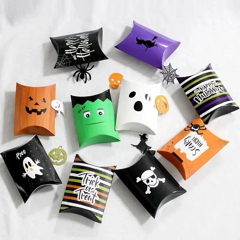 10pcs Halloween Pillow Shaped Candy Box Gift Box, Halloween Pumpkin Boo Ghost Witch Gift Box