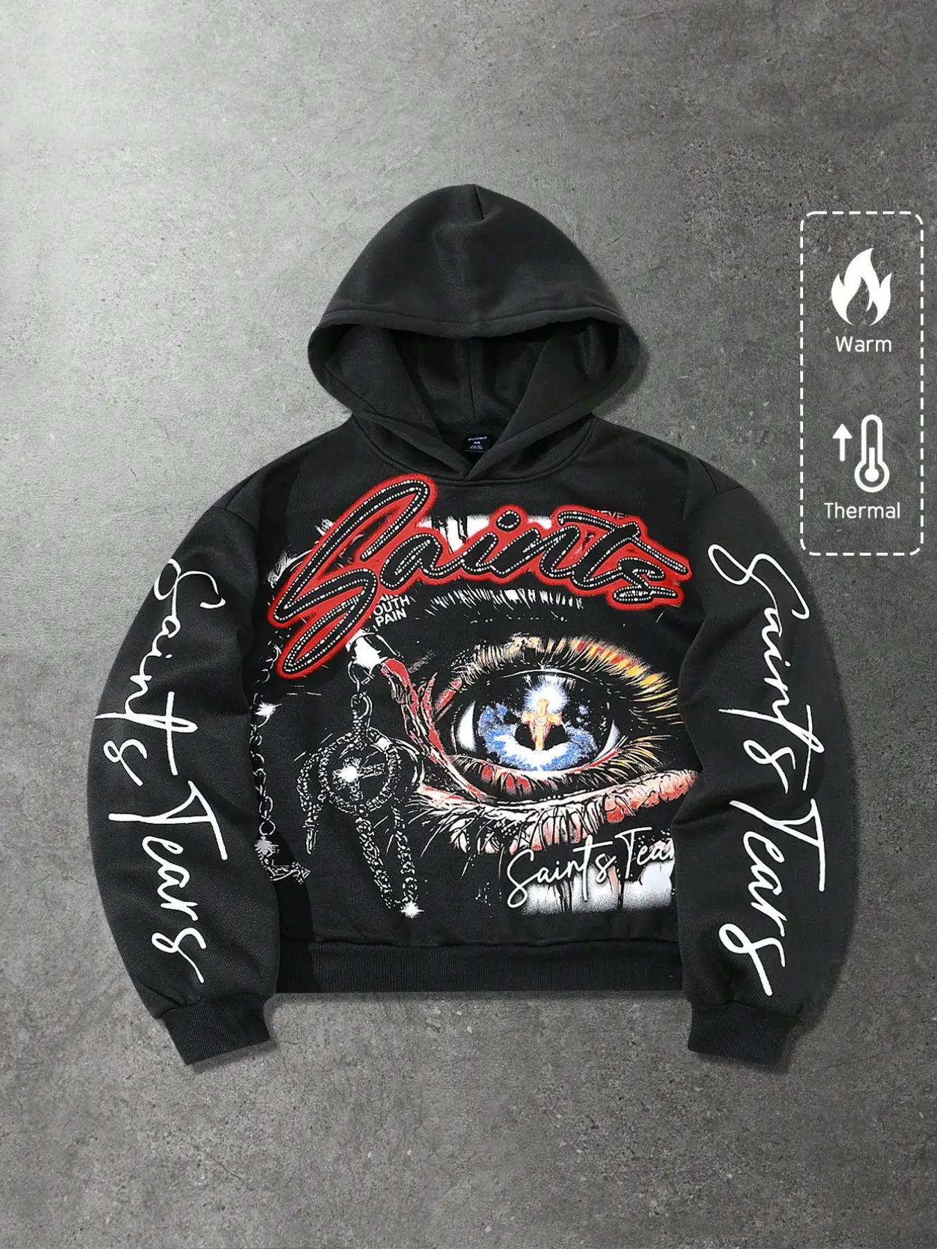 Black Oversized Hoodie Sweatshirt, Red Saints Letter & Mystic Evil Eye Graphic Print Hoodie, Saints Tears Handwriting Printed Sleeve, Gothic Hip Hop Loose Hooded Pullover for Street Daily Wear