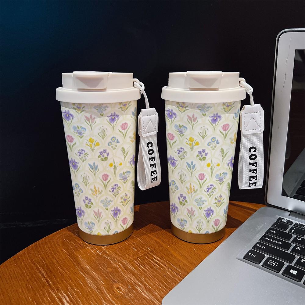 Abstract Floral Coffee Cup, Portable Insulated Tumbler, Keeps Drinks Hot/cold, Boho Style, Ideal for Office, Travel, Sports, Golf