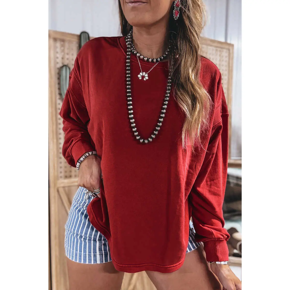 Women's Casual Racing Red Round Neck Long Sleeves Soft Fabric Ribbed Detail Drop Shoulder Cutout Back Sweatshirt