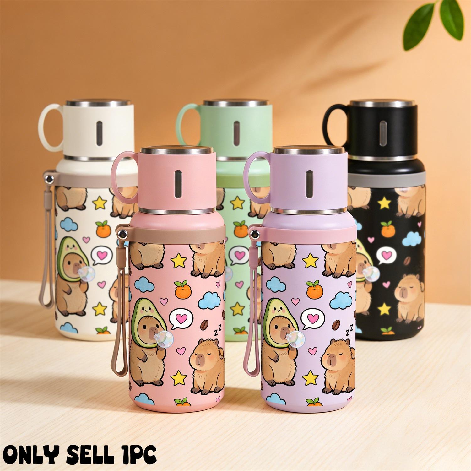 1PC, 20oz Insulated Stainless Steel Water Bottle, Vacuum Flask with Cup Lid That Doubles as Handle Cup, Double Wall Insulated Travel Mug, Cute Capybara Aesthetic Design, Portable for Outdoor Hiking Gym, School Office