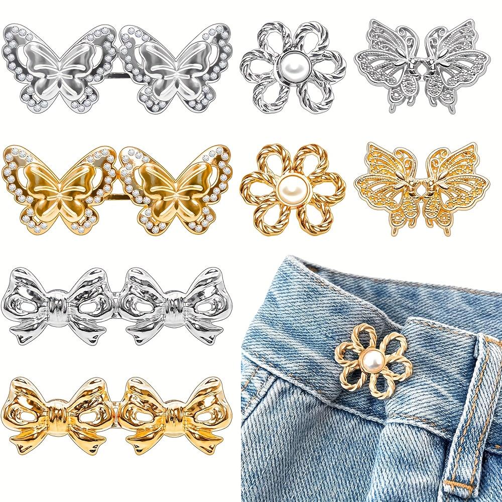 Women's Waist Tightener Button Clips, 8 Pack Gold Flower Decorative Snaps, Adjustable No-Sew Jean Buttons for Pants, Button Clips Snaps,travel essentials,camping essentials tiktokshopbacktoschool