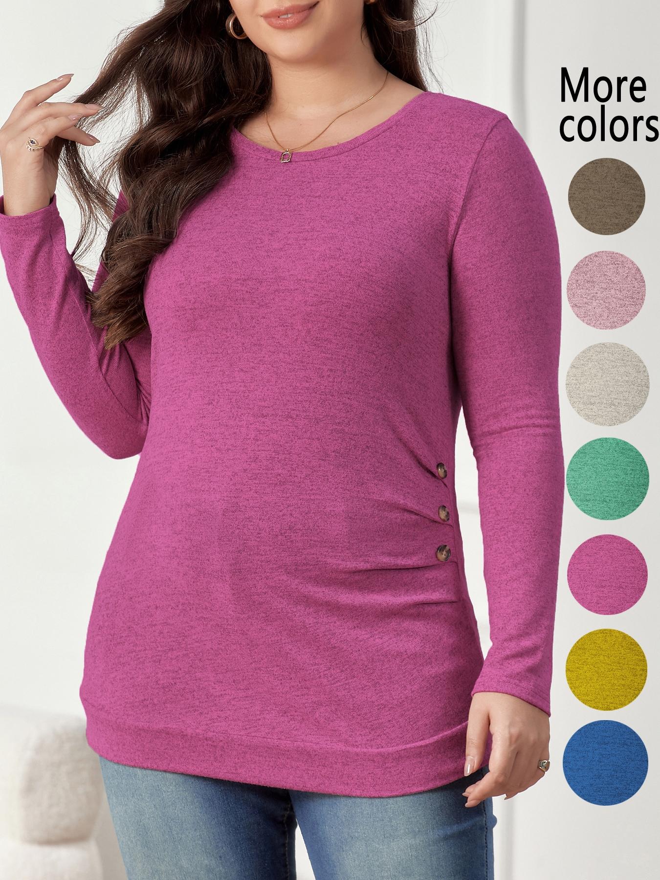 【Plus Size】1 Plus-Size Crew-Neck T-Shirt, High Elasticity, Casual and Easygoing Style, Side Button Decorations Add Details, Long Sleeves & Slim Fit, Suitable for Plus-Size Women’s Daily Outings and Relaxed Office Scenarios, Basic Top