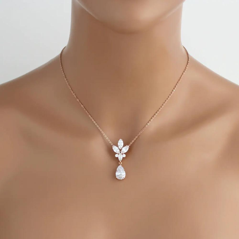 Bridal Back Drop Necklace, Crystal Back Chain for Wedding Dress, Rose Gold Plated Teardrop Pendant Back Necklace for Brides