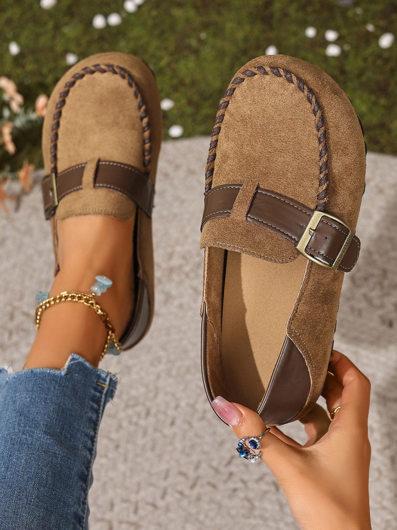 Women's Leopard Print Mules, Metal Buckle Thick Sole Shoes, Vintage Casual Slip-Ons, Comfortable Two-In-One Design, Spring & Fall