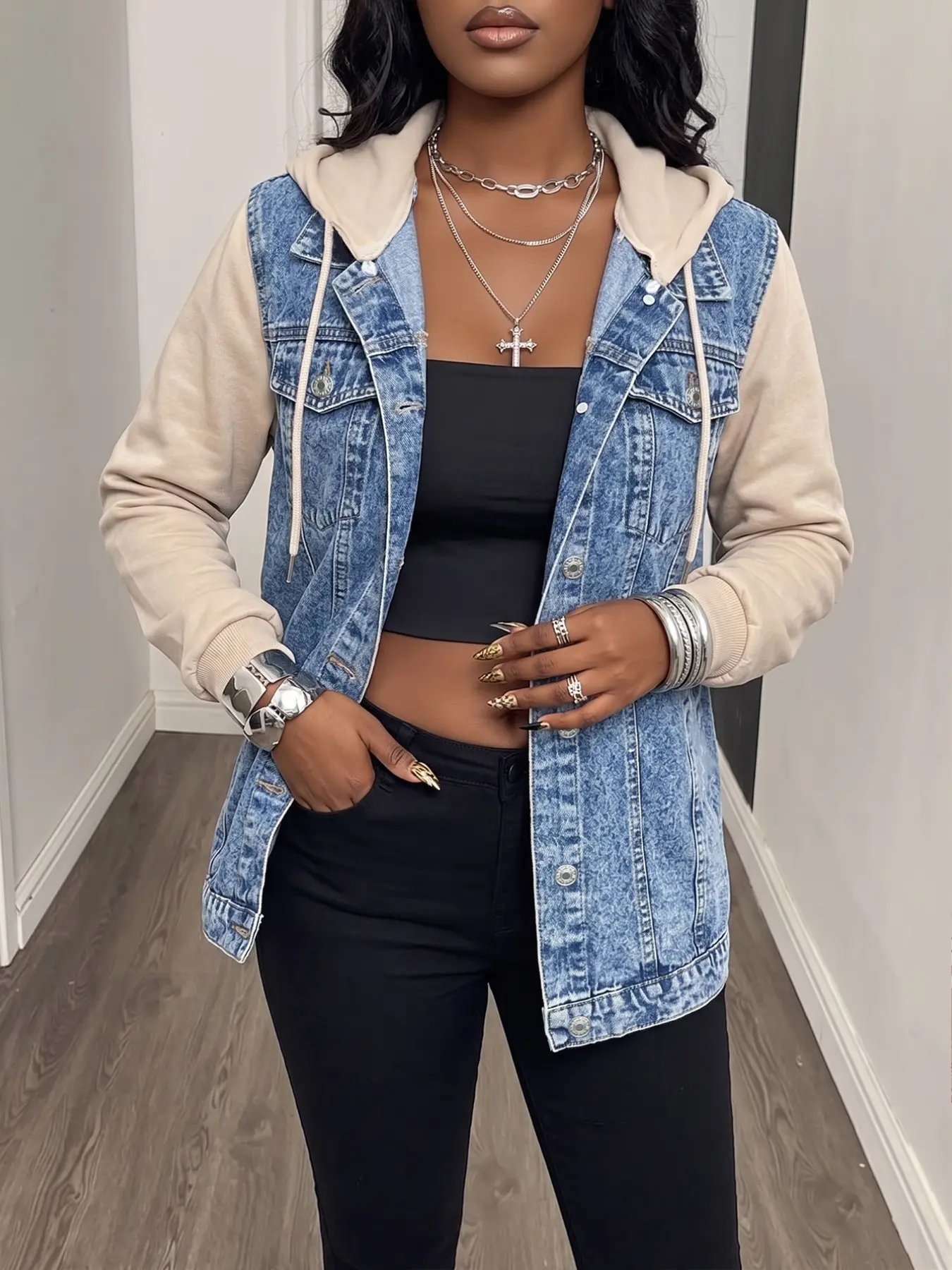 Cute Denim Jacket Coats for Women, Spring Summer Patchwork Knit Hooded Long Sleeve Sweatshirt, Stylish Casual Outerwear for Daily Wear