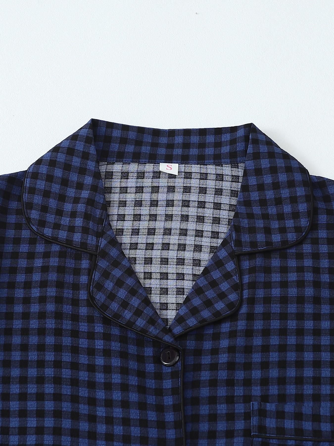 Women's Short Sleeve Button Down Top and Shorts Pajama Set, Spring Summer Wear, For Retro British Style Girls, Blue Black Gingham Print, Classic Lapel Collar, Loose Fit, Comfortable For Home & Short Trips