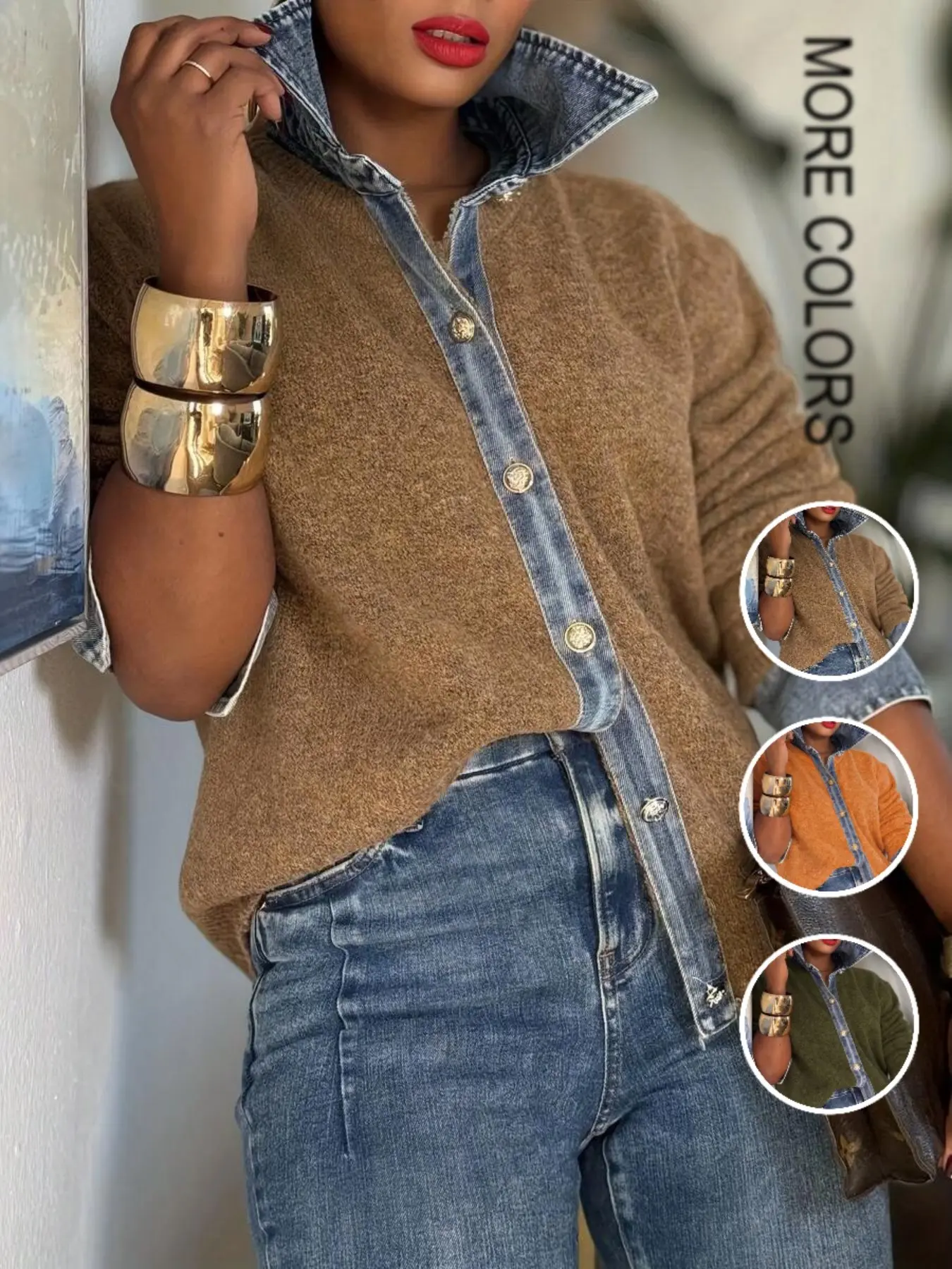 Vintage Denim Patchwork Knit Cardigan, Loose Fit Long Sleeve Sweater Coat, Elegant Casual Fashion for Fall Winter, Women's Soft Comfortable Top