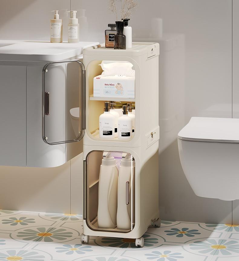 UFORU 4-Tier Tall Narrow Storage Cabinet, Plastic Slim Storage Organizer with Doors and Adjustable Shelves, Wheels, Stackable & Collapsible Storage Cabinet for Small Spaces, Bathroom, Kitchen Cupboard, bathroom organizer